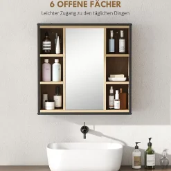 Armoire de salle de bain avec miroir, 6 compartiments ouverts, étagère à 3 niveaux, fixation murale, chêne