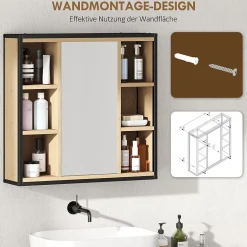 Armoire de salle de bain avec miroir, 6 compartiments ouverts, étagère à 3 niveaux, fixation murale, chêne