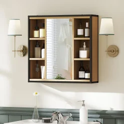 Armoire de salle de bain avec miroir, 6 compartiments ouverts, étagère à 3 niveaux, fixation murale, chêne