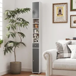 Armoire de Salle de Bain Haut, avec 2 Portes,1 Tiroir, 5 Étagères,Anti-basculement, pour Petits Espaces,20x20x180cm (Blanc+Gris)