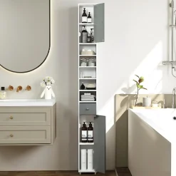 Armoire de Salle de Bain Haut, avec 2 Portes,1 Tiroir, 5 Étagères,Anti-basculement, pour Petits Espaces,20x20x180cm (Blanc+Gris)