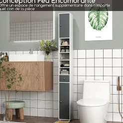 Armoire de Salle de Bain Haut, avec 2 Portes,1 Tiroir, 5 Étagères,Anti-basculement, pour Petits Espaces,20x20x180cm (Blanc+Gris)