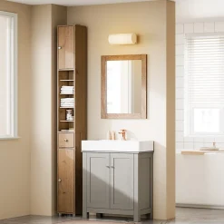 Armoire de Salle de Bain Étroite avec Tiroir et Étagères Réglables en Bois