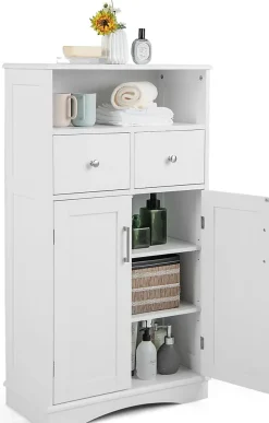 Armoire de Salle de Bain avec Etagere Reglable Meuble de Rangement sur Pieds avec Tiroirs et Portes Blanc