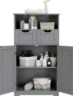 Armoire de Salle de Bain sur Pied avec Planche Mobile et 2 Tiroirs Reglables 60 X 30 X 109CM