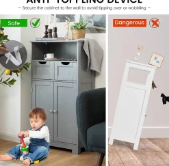 Armoire de Salle de Bain sur Pied avec Planche Mobile et 2 Tiroirs Reglables 60 X 30 X 109CM