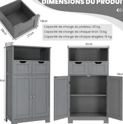 Armoire de Salle de Bain sur Pied avec Planche Mobile et 2 Tiroirs Reglables 60 X 30 X 109CM