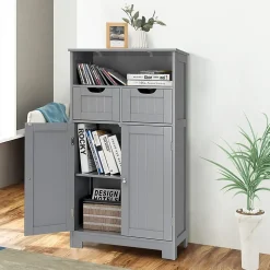 Armoire de Salle de Bain sur Pied avec Planche Mobile et 2 Tiroirs Reglables 60 X 30 X 109CM