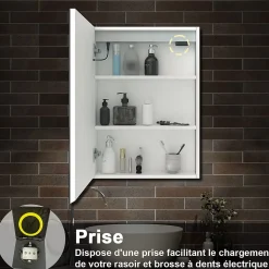 Armoire de toilette avec Miroir LED Anti-Buée, Éclairage 3 Couleurs et Prise Rasoir, Blanc, 50x70 cm, AICA Sanitaire