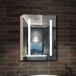 Armoire de toilette avec Miroir LED Anti-Buée, Éclairage 3 Couleurs et Prise Rasoir, Chêne, 40x70 cm, AICA Sanitaire