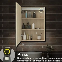 Armoire de toilette avec Miroir LED Anti-Buée, Éclairage 3 Couleurs et Prise Rasoir, Chêne, 40x70 cm, AICA Sanitaire