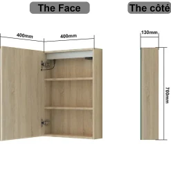 Armoire de toilette avec Miroir LED Anti-Buée, Éclairage 3 Couleurs et Prise Rasoir, Chêne, 40x70 cm, AICA Sanitaire