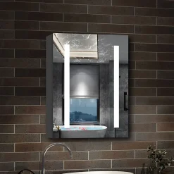 Armoire de toilette avec Miroir LED Anti-Buée, Éclairage 3 Couleurs et Prise Rasoir, Anthracite, 50x70 cm, AICA Sanitaire