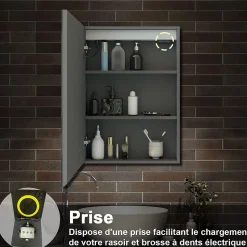 Armoire de toilette avec Miroir LED Anti-Buée, Éclairage 3 Couleurs et Prise Rasoir, Anthracite, 50x70 cm, AICA Sanitaire