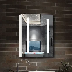 Armoire de toilette avec Miroir LED Anti-Buée, Éclairage 3 Couleurs et Prise Rasoir, Blanc, 40x70 cm, AICA Sanitaire