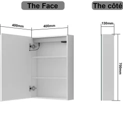 Armoire de toilette avec Miroir LED Anti-Buée, Éclairage 3 Couleurs et Prise Rasoir, Blanc, 40x70 cm, AICA Sanitaire
