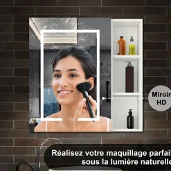 Armoire de toilette avec Miroir LED et Étagère Latérale, Anti-Buée, Éclairage 3 Couleurs + Prise USB, Blanc 80x70 cm