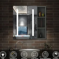 Armoire de toilette avec Miroir LED et Étagère Latérale, Anti-Buée, Éclairage 3 Couleurs + Prise, Anthracite 80x70 cm