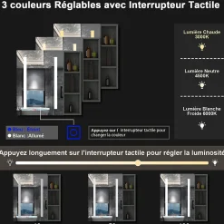 Armoire de toilette avec Miroir LED et Étagère Latérale, Anti-Buée, Éclairage 3 Couleurs + Prise, Anthracite 80x70 cm