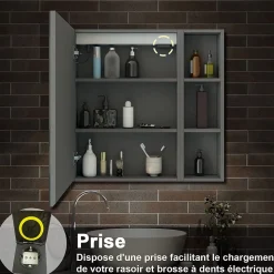 Armoire de toilette avec Miroir LED et Étagère Latérale, Anti-Buée, Éclairage 3 Couleurs + Prise, Anthracite 80x70 cm