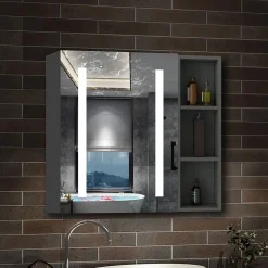 Armoire de toilette avec Miroir LED et Étagère Latérale, Anti-Buée, Éclairage 3 Couleurs + Prise, Anthracite 80x70 cm