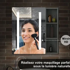 Armoire de toilette avec Miroir LED et Étagère Latérale, Anti-Buée, Éclairage 3 Couleurs + Prise, Anthracite 80x70 cm