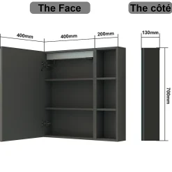 Armoire de toilette avec Miroir LED et Étagère Latérale, Anti-Buée, Éclairage 3 Couleurs + Prise, Anthracite 60x70 cm