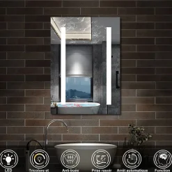 Armoire de toilette avec Miroir LED Anti-Buée, Éclairage 3 Couleurs et Prise Rasoir, Anthracite, 60x70 cm, AICA Sanitaire
