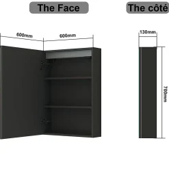 Armoire de toilette avec Miroir LED Anti-Buée, Éclairage 3 Couleurs et Prise Rasoir, Anthracite, 60x70 cm, AICA Sanitaire
