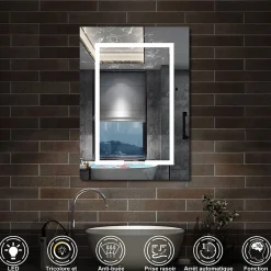Armoire de toilette avec Miroir LED Anti-Buée, Blanc 60x70 cm, Éclairage 3 Couleurs et Prise Rasoir, AICA Sanitaire