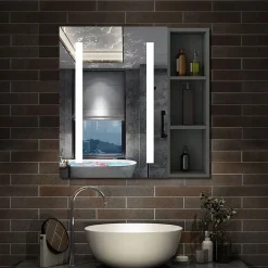 Armoire de toilette avec Miroir LED et Étagère Latérale, Anti-Buée, Éclairage 3 Couleurs + Prise, Anthracite 70x70 cm