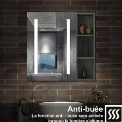 Armoire de toilette avec Miroir LED et Étagère Latérale, Anti-Buée, Éclairage 3 Couleurs + Prise, Anthracite 70x70 cm