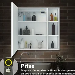 Armoire de toilette avec Miroir LED et Étagère Latérale, Anti-Buée, Éclairage 3 Couleurs + Prise, Blanc 60x70 cm