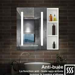 Armoire de toilette avec Miroir LED et Étagère Latérale, Anti-Buée, Éclairage 3 Couleurs + Prise, Blanc 60x70 cm
