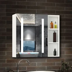 Armoire de toilette avec Miroir LED et Étagère Latérale, Anti-Buée, Éclairage 3 Couleurs + Prise, Blanc 60x70 cm