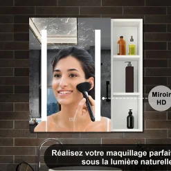 Armoire de toilette avec Miroir LED et Étagère Latérale, Anti-Buée, Éclairage 3 Couleurs + Prise, Blanc 60x70 cm