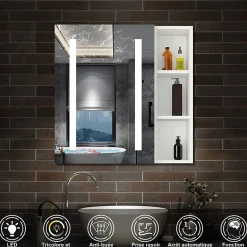 Armoire de toilette avec Miroir LED et Étagère Latérale, Anti-Buée, Éclairage 3 Couleurs + Prise, Blanc 80x70 cm