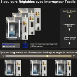 Armoire de toilette avec Miroir LED et Étagère Latérale, Anti-Buée, Éclairage 3 Couleurs + Prise, Blanc 80x70 cm