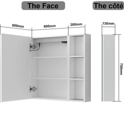 Armoire de toilette avec Miroir LED et Étagère Latérale, Anti-Buée, Éclairage 3 Couleurs + Prise, Blanc 80x70 cm
