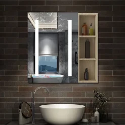 Armoire de toilette avec Miroir LED et Étagère Latérale, Anti-Buée, Éclairage 3 Couleurs + Prise, Chêne 60x70 cm