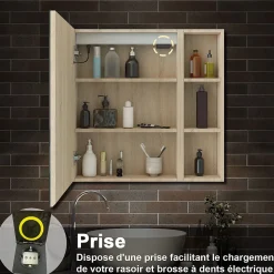 Armoire de toilette avec Miroir LED et Étagère Latérale, Anti-Buée, Éclairage 3 Couleurs + Prise, Chêne 60x70 cm