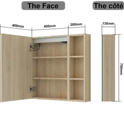 Armoire de toilette avec Miroir LED et Étagère Latérale, Anti-Buée, Éclairage 3 Couleurs + Prise, Chêne 60x70 cm