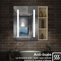 Armoire de toilette avec Miroir LED et Étagère Latérale, Anti-Buée, Éclairage 3 Couleurs + Prise, Chêne 60x70 cm
