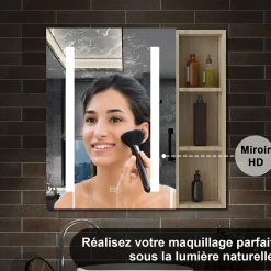 Armoire de toilette avec Miroir LED et Étagère Latérale, Anti-Buée, Éclairage 3 Couleurs + Prise, Chêne 60x70 cm