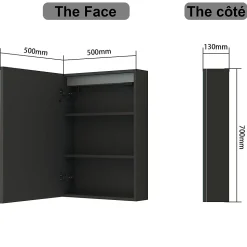 Armoire de toilette avec Miroir LED Anti-Buée, Anthracite 50x70 cm, Éclairage 3 Couleurs et Prise Rasoir, AICA Sanitaire