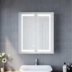 Armoire de toilette en Acier Inoxydable SIRHONA Miroir double 60x70 cm Interrupteur tactile LED + Prise rasoir + Grand rangement