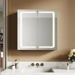 Armoire de toilette en Aluminium SIRHONA Miroir multi-surfaces 65x65 cm Interrupteur tactile LED + Anti-buée + Prise rasoir