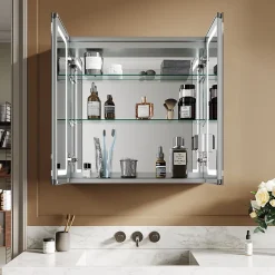 Armoire de toilette en Aluminium SIRHONA Miroir multi-surfaces 65x65 cm Interrupteur tactile LED + Anti-buée + Prise rasoir
