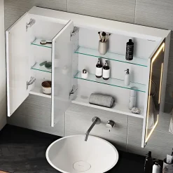 Armoire de toilette LED Blanc 90x60cm SIRHONA avec 3 porte Miroir de salle de bain avec armoire de rangement