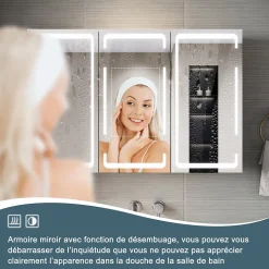 Armoire de toilette LED Blanc 90x60cm SIRHONA avec 3 porte Miroir de salle de bain avec armoire de rangement